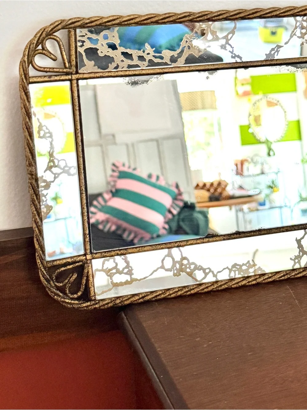 Rectangle Mirror Wall Hanging Vanity Tray 1960’s Vintage Metal Twist Frame Heart